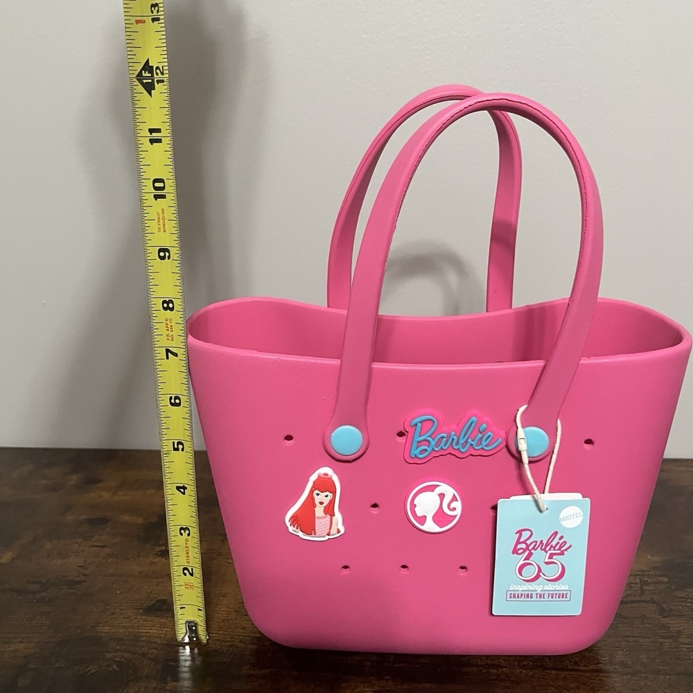 Barbie 65th Anniv Miniso Bogg Style Eva Tote Beach Lunch Pink Bag With Charms - Picture 14 of 14